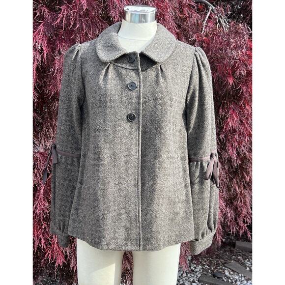 Tocca Jackets & Blazers - Vintage Tocca 100% Wool Jacket Taupe & Black Geometric Tweedy Size 8 Puff Sleeve